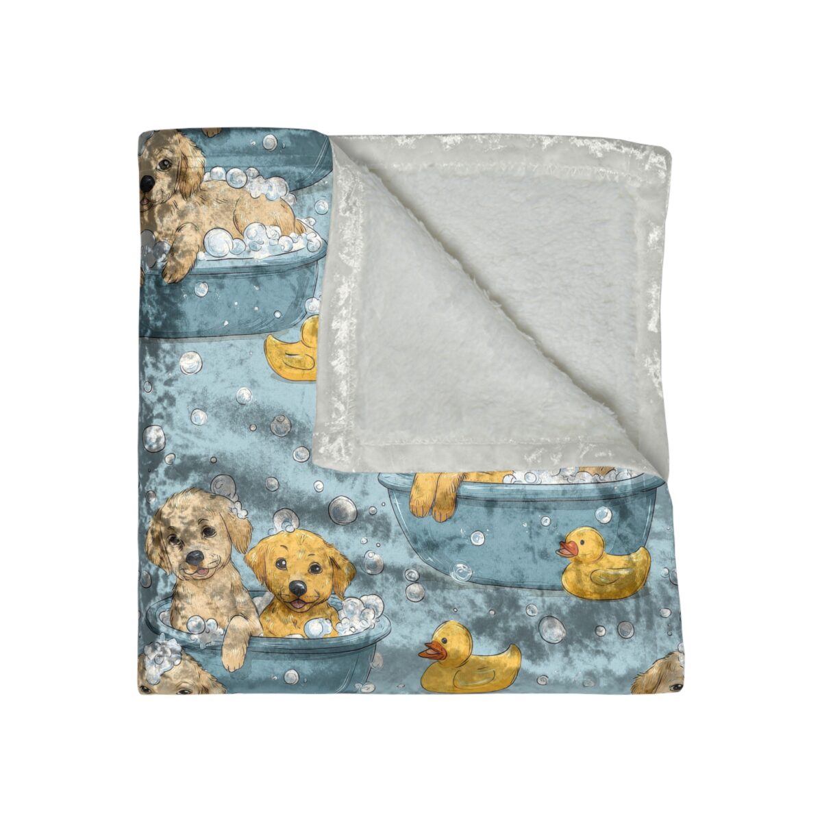 Cute puppies in bathtubs with rubber ducks and bubbles graphic all over print plush blanket.
