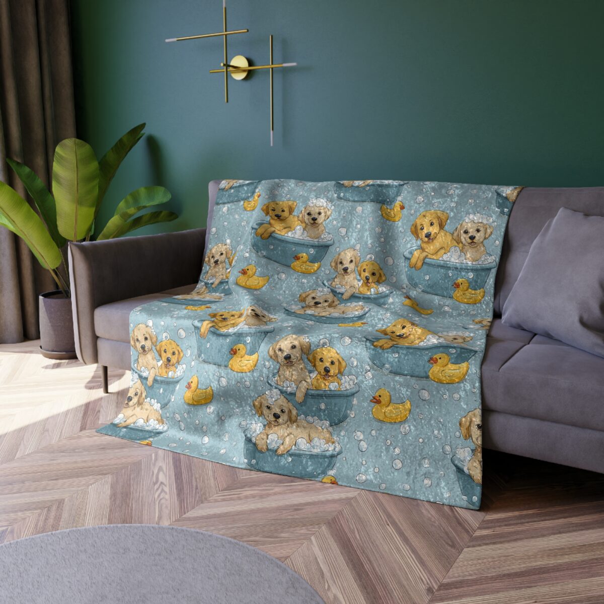All over print blanket featuring cute golden retriever puppies in blue bathtubs with yellow rubber ducks and bubbles.