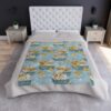 Fleece blanket with a cute all over print of golden retriever puppies in bathtubs with rubber ducks and bubbles.