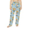 Light blue pajama pants with all-over print of golden retriever puppies in bathtubs with yellow rubber ducks and bubbles.