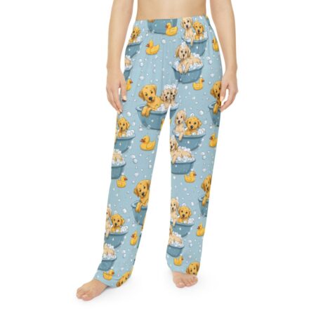 Light blue pajama pants with all-over print of golden retriever puppies in bathtubs with yellow rubber ducks and bubbles.