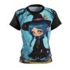 All over print women's sublimation tee featuring a cute anime witch character with blue hair and large yellow eyes in a spooky forest.