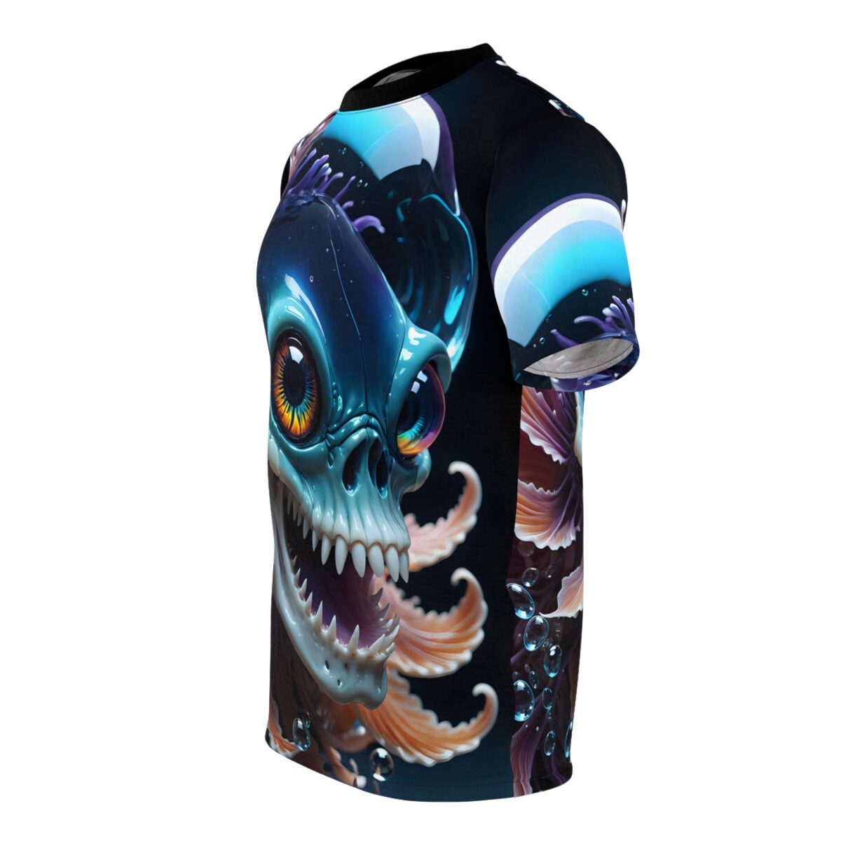 Cyber grunge all over print t-shirt featuring a trippy blue alien skull with orange tentacles and bubbles.