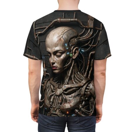 Cyber grunge android all over print sublimation tee featuring intricate mechanical pipes and futuristic robotic head graphic design.