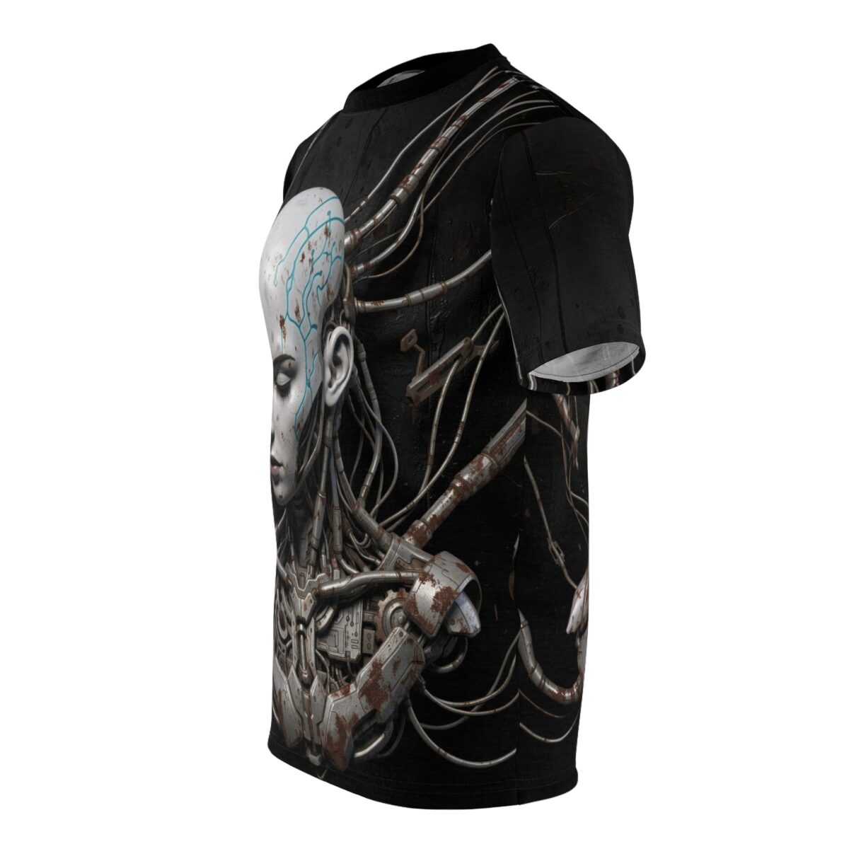 Cyber grunge android all over print sublimation tee featuring a seamless robotic cable and circuitry wrap around design.
