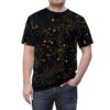 Cyber grunge all over print sublimation tee featuring a black background with intricate orange and blue circuit board design.