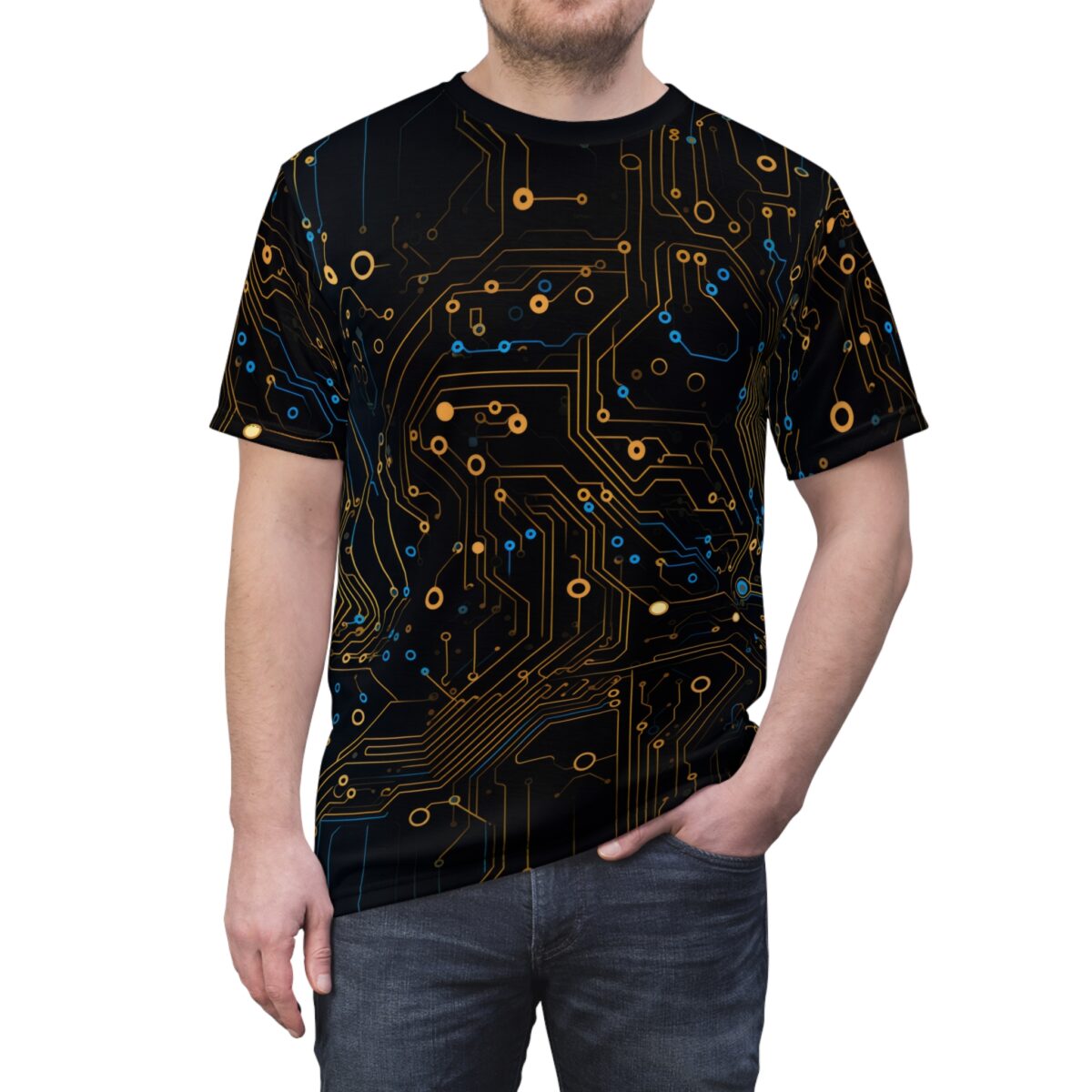 Cyber grunge all over print sublimation tee featuring a black background with intricate orange and blue circuit board design.