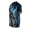 Cyber grunge all over print sublimation tee showcasing a monkey in a leather jacket and baseball cap on a neon-lit, graffiti-covered street with lightning strikes.