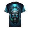 Cyber grunge skull sublimation tee with glowing blue eyes and intricate metal crown, featuring a wrap-around forest graphic.