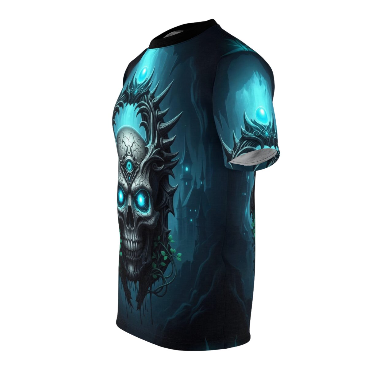 Cyber grunge all over print sublimation tee showcasing a glowing blue skull, thorny crown, and dark castle backdrop.