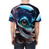 Cyber grunge skull sublimation tee with vibrant aquatic eye and purple coral elements, seamless wrap around graphic.