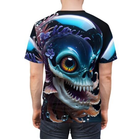 Cyber grunge skull sublimation tee with vibrant aquatic eye and purple coral elements, seamless wrap around graphic.