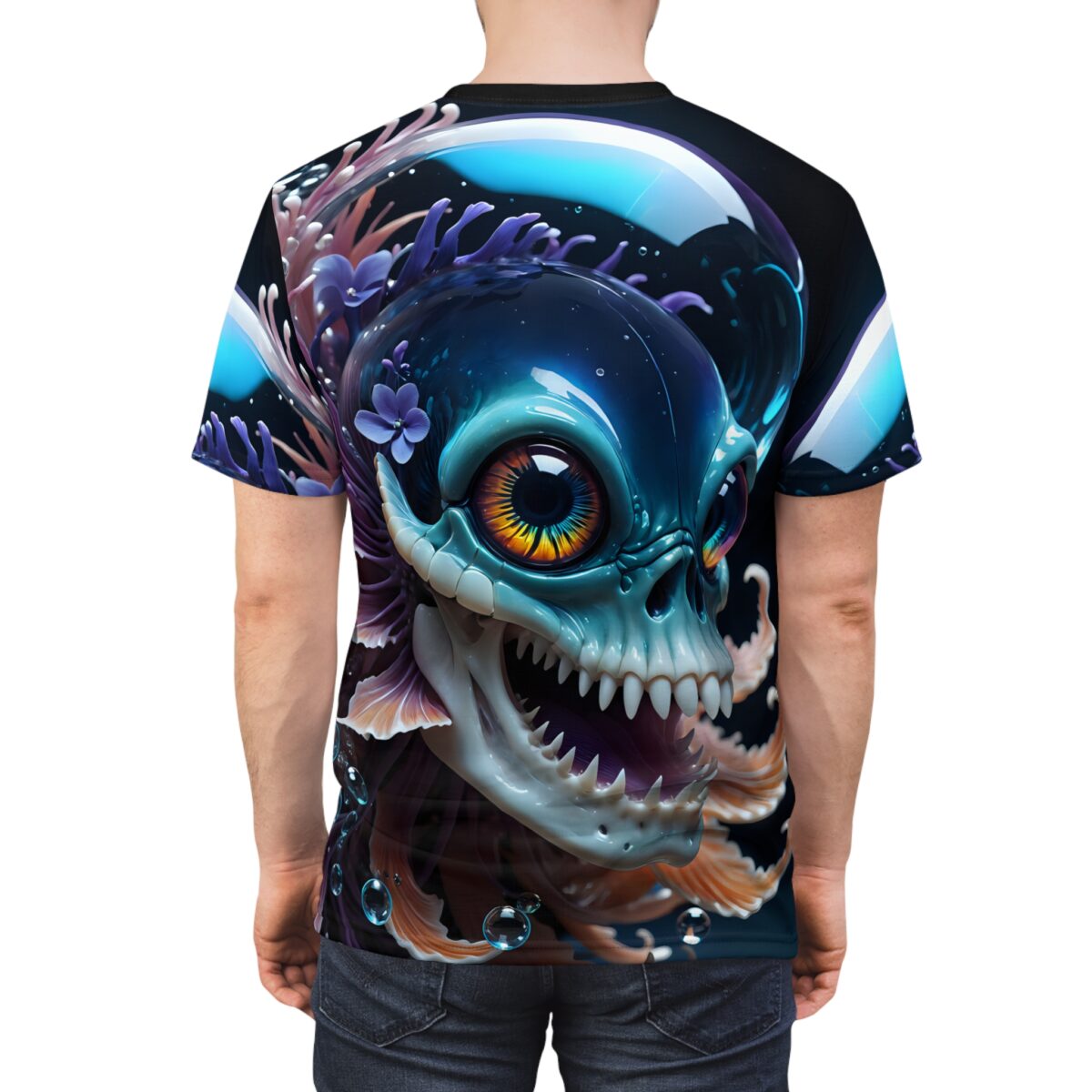Cyber grunge skull sublimation tee with vibrant aquatic eye and purple coral elements, seamless wrap around graphic.