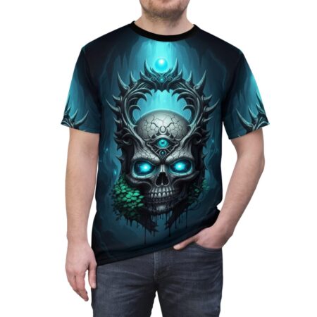 Cyber grunge all over print t-shirt featuring a distressed skull with glowing blue eyes and a third eye.