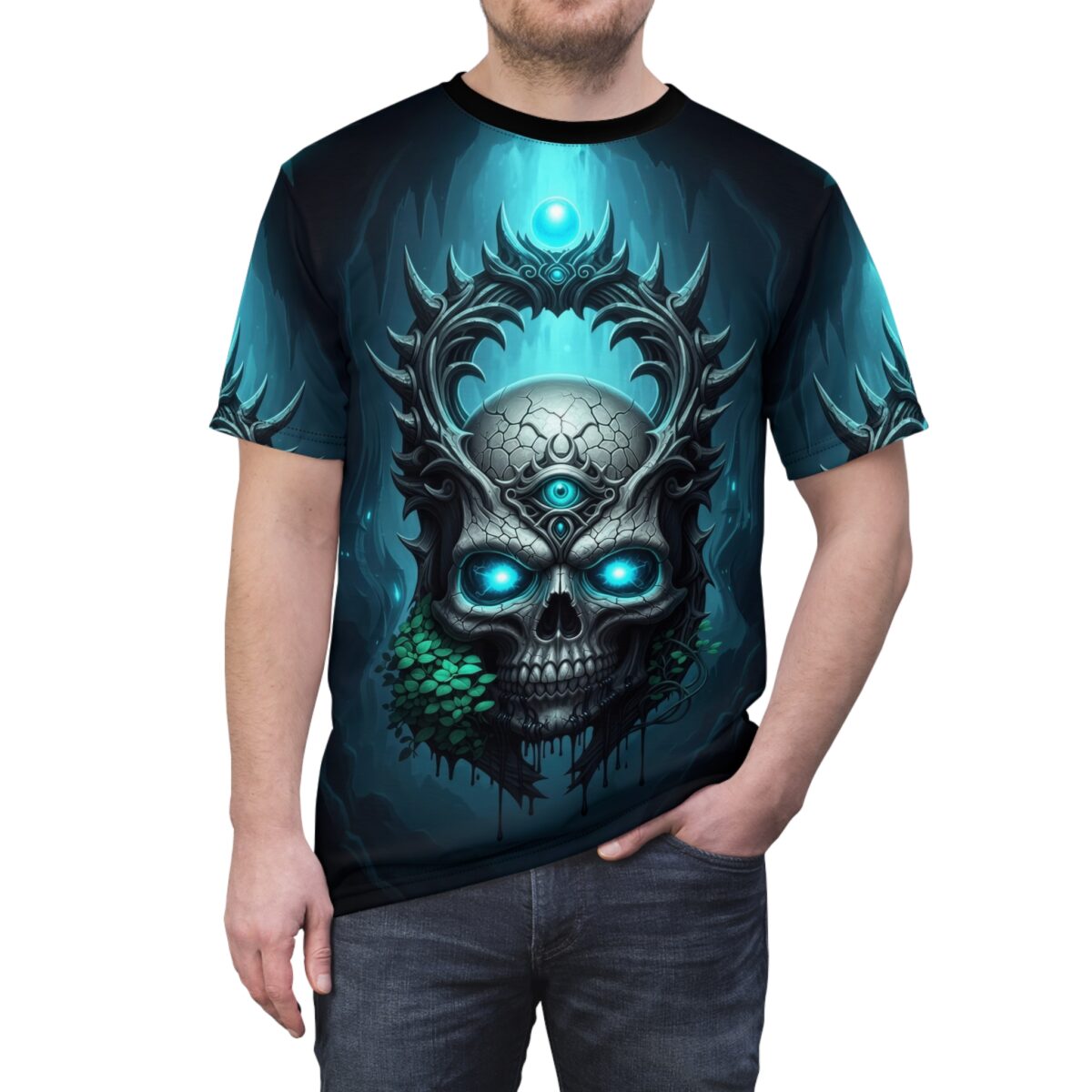 Cyber grunge all over print t-shirt featuring a distressed skull with glowing blue eyes and a third eye.
