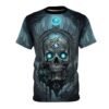 Cyber grunge skull all over print t-shirt with glowing blue eyes and a mystical crown in a dark forest.