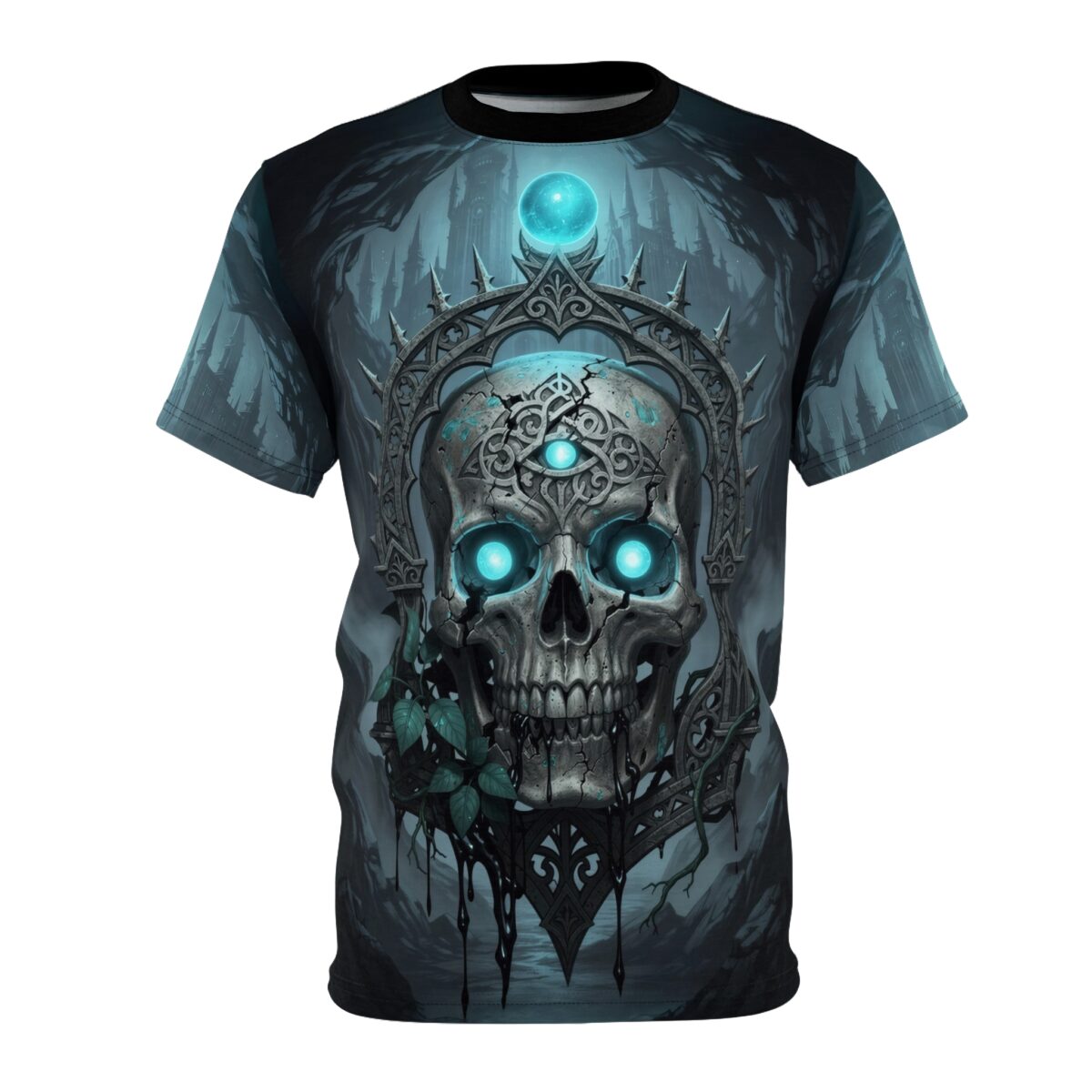 Cyber grunge skull all over print t-shirt with glowing blue eyes and a mystical crown in a dark forest.