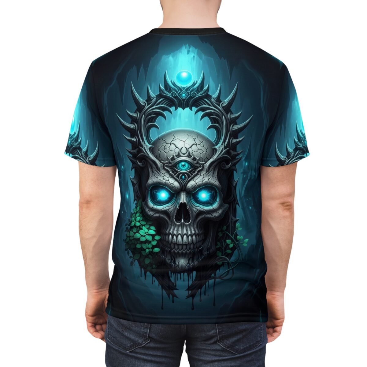Cyber grunge all over print sublimation tee featuring a glowing skull with three eyes and ornate crown, set against a dark, mystical forest.