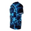 Cyber grunge all over print sublimation tee featuring a neon blue skull with headphones against a lightning background.