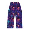 Cyber grunge all over print pants showcasing a seamless wrap around graphic of skulls and spiders in neon purple and blue hues.