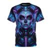 Cyber grunge sugar skull all over print sublimation tee featuring neon mechanical details and seamless wrap around graphic.