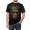 Cyberpunk monkey face with gold circuit board crown graphic on a black sublimation tee.