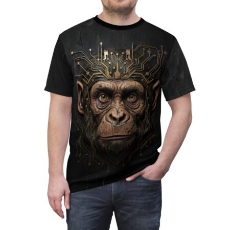 Cyberpunk monkey face with gold circuit board crown graphic on a black sublimation tee.