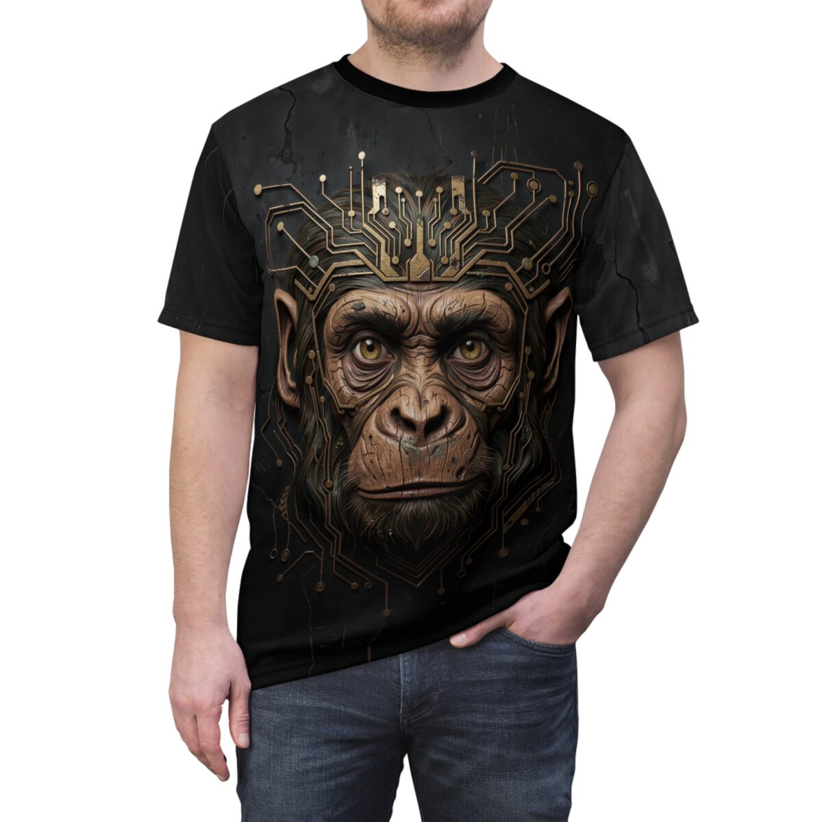 Cyberpunk monkey face with gold circuit board crown graphic on a black sublimation tee.