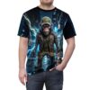 All over print sublimation tee featuring a cyber punk monkey in a leather jacket on a rainy city street with lightning.