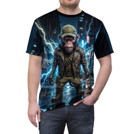 All over print sublimation tee featuring a cyber punk monkey in a leather jacket on a rainy city street with lightning.