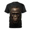 Black sublimation tee featuring a detailed cybernetic ape face graphic with circuit board elements and a distressed metallic finish.