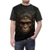 Black t-shirt featuring a detailed cybernetic monkey head with circuit board elements and golden accents.