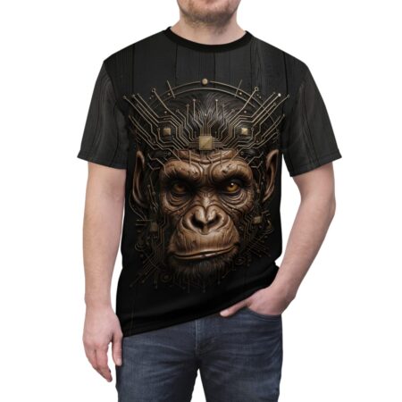 Black t-shirt featuring a detailed cybernetic monkey head with circuit board elements and golden accents.