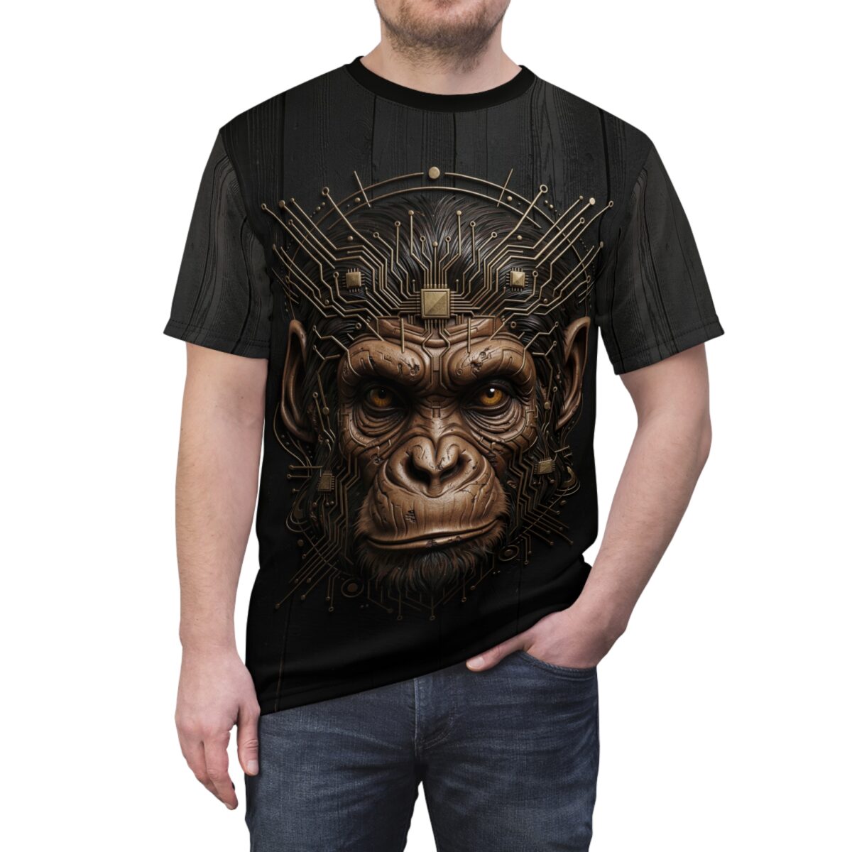 Black t-shirt featuring a detailed cybernetic monkey head with circuit board elements and golden accents.
