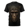Cybernetic monkey graphic sublimation tee with gold circuit board detailing in a futuristic streetwear aesthetic.