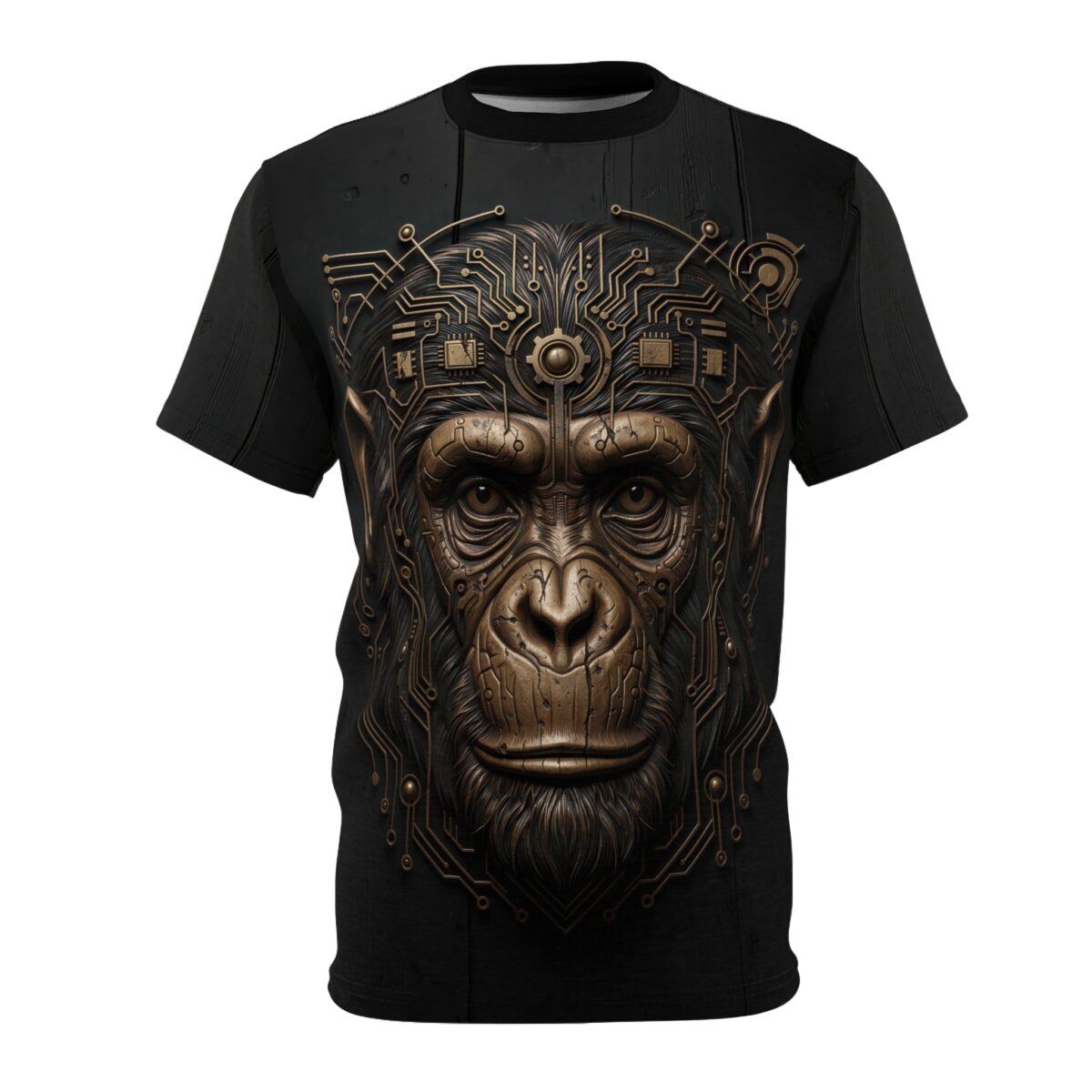 Cybernetic monkey graphic sublimation tee with gold circuit board detailing in a futuristic streetwear aesthetic.