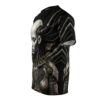 Cyberpunk AI sublimation tee featuring a detailed robotic female portrait with wires and mechanical armor. Futuristic all over print design.