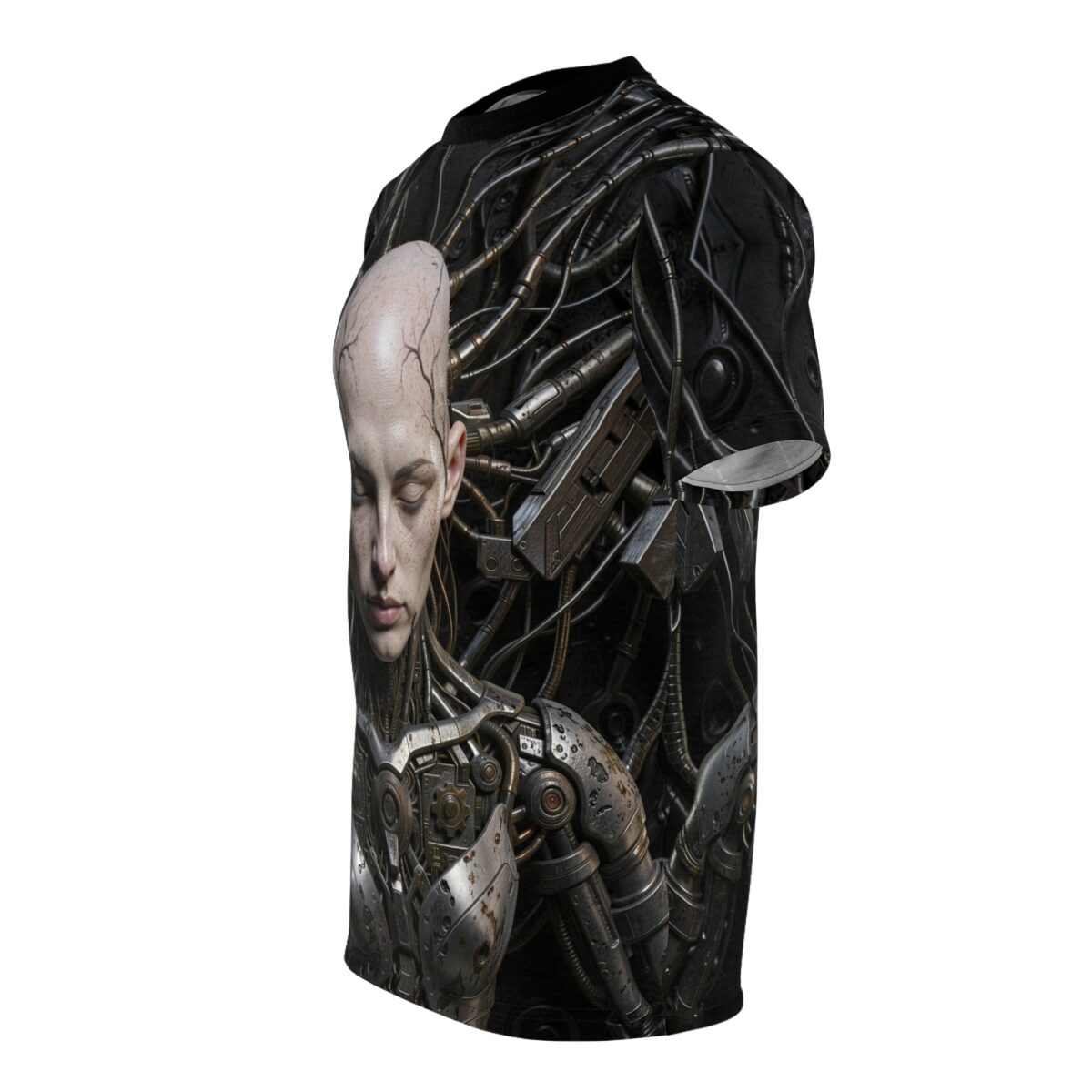 Cyberpunk aesthetic sublimation tee with a detailed AI face merging with robot arm and intricate wiring graphic.