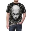 Cyberpunk AI face graphic all over print sublimation tee featuring a detailed robotic head with wires.