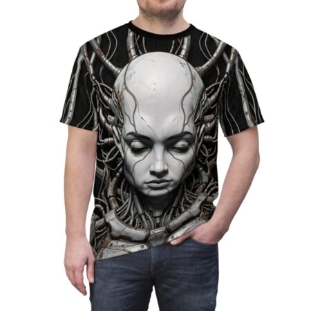 Cyberpunk AI face graphic all over print sublimation tee featuring a detailed robotic head with wires.