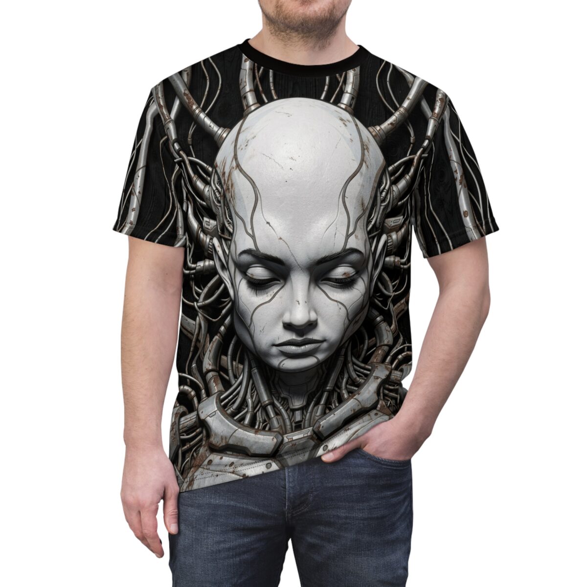 Cyberpunk AI face graphic all over print sublimation tee featuring a detailed robotic head with wires.