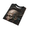 Cyberpunk AI head graphic t-shirt featuring wires and circuits. Seamless all over print sublimation tee with distressed robotic elements.