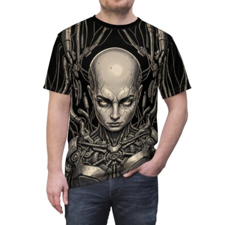 Cyberpunk android all over print t-shirt with detailed mechanical body and wires, featuring intense glowing eyes and a cracked head.