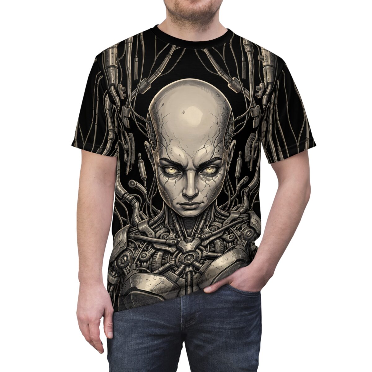 Cyberpunk android all over print t-shirt with detailed mechanical body and wires, featuring intense glowing eyes and a cracked head.