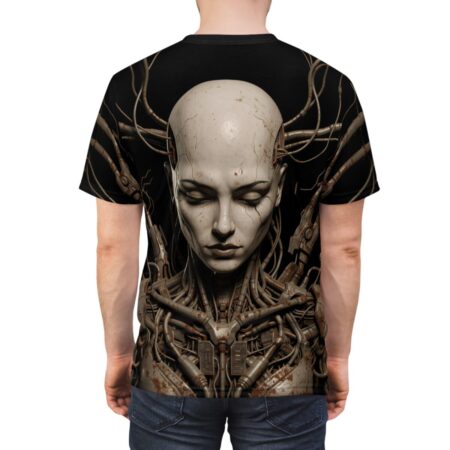 Cyberpunk all over print t-shirt featuring a detailed android face and mechanical body with wires and pipes.