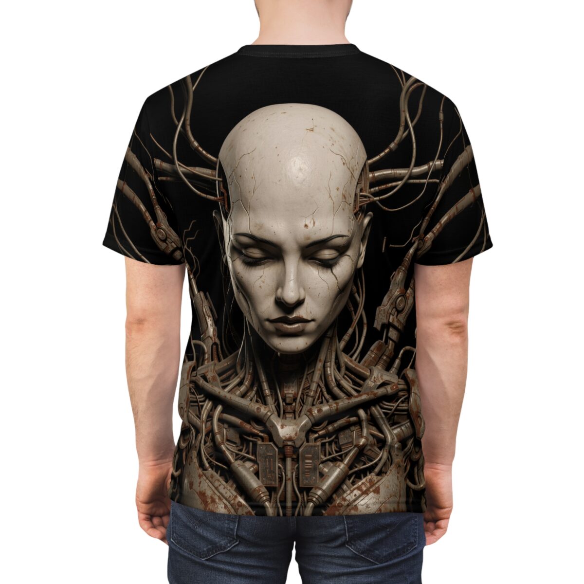 Cyberpunk all over print t-shirt featuring a detailed android face and mechanical body with wires and pipes.