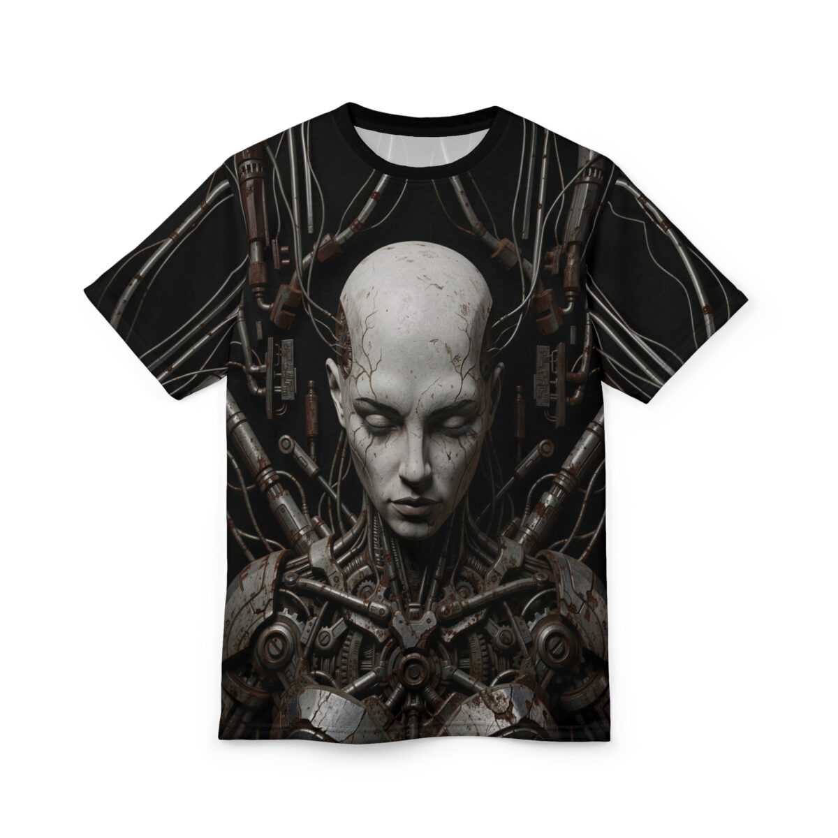 Cyberpunk android with intricate robotic wiring, all over print sublimation tee featuring a distressed portrait graphic.