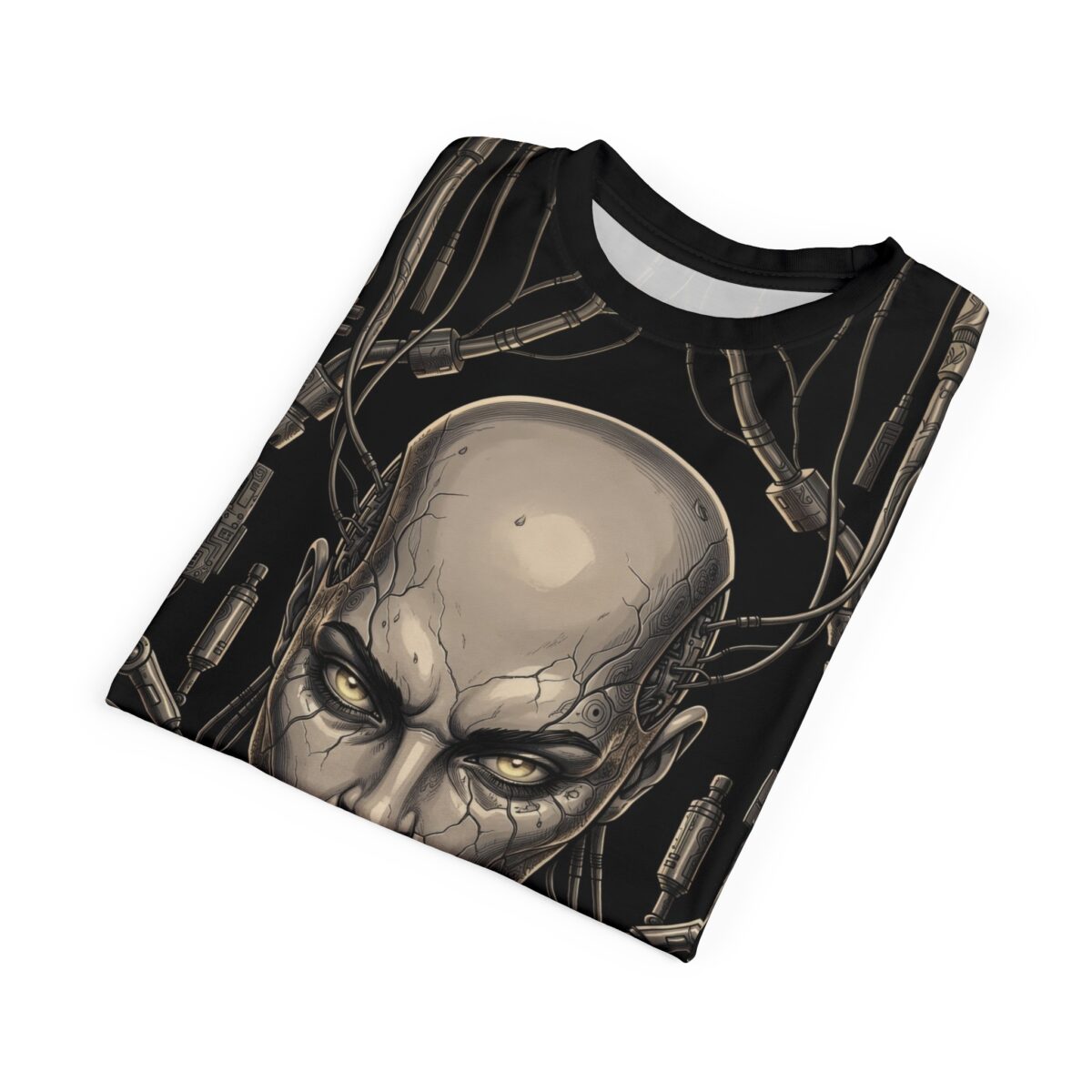 Black cyberpunk t-shirt featuring a distressed android head with glowing yellow eyes and intricate wiring details.