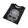All over print t-shirt with a cyberpunk android head graphic featuring metallic tubes and a cracked skull design.
