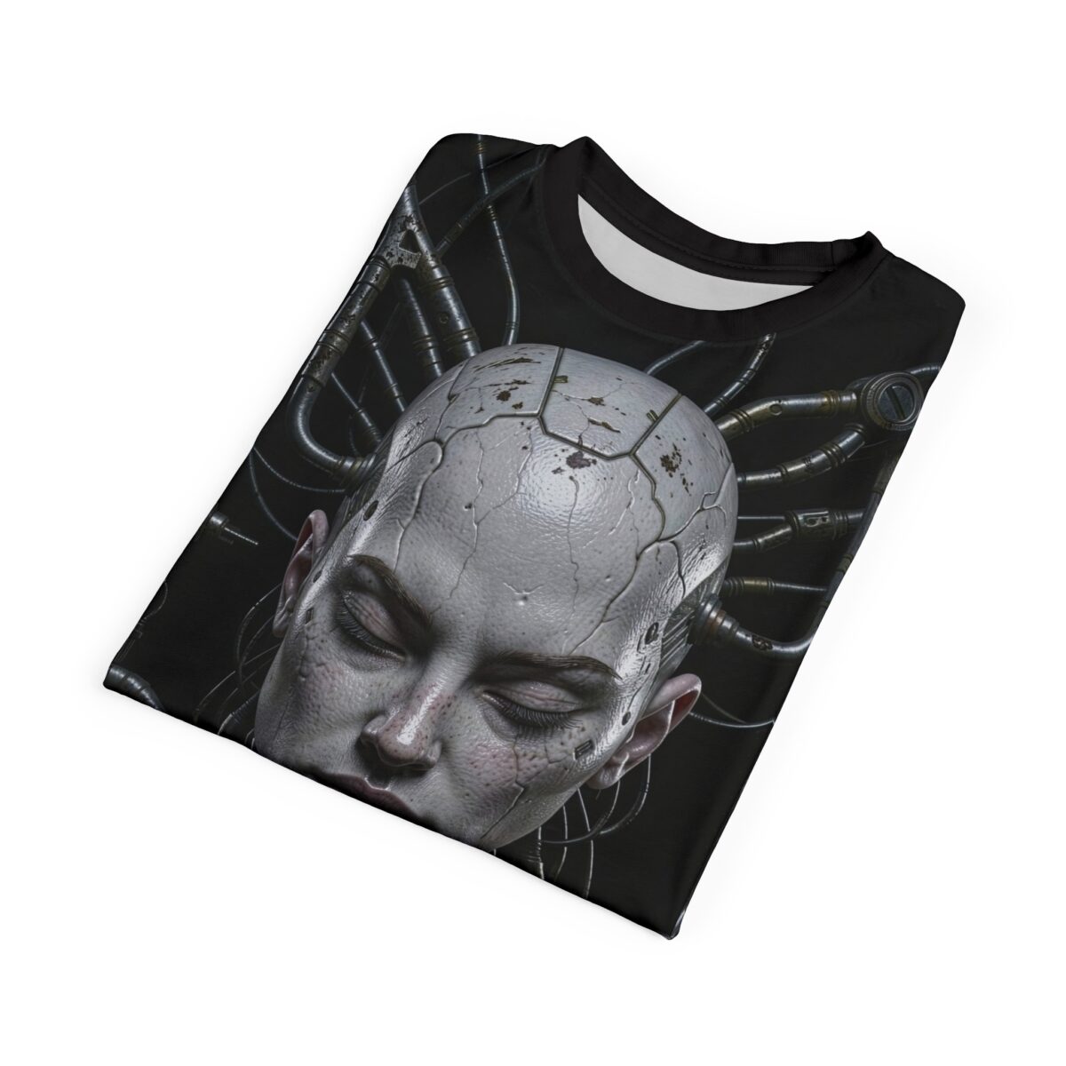 All over print t-shirt with a cyberpunk android head graphic featuring metallic tubes and a cracked skull design.